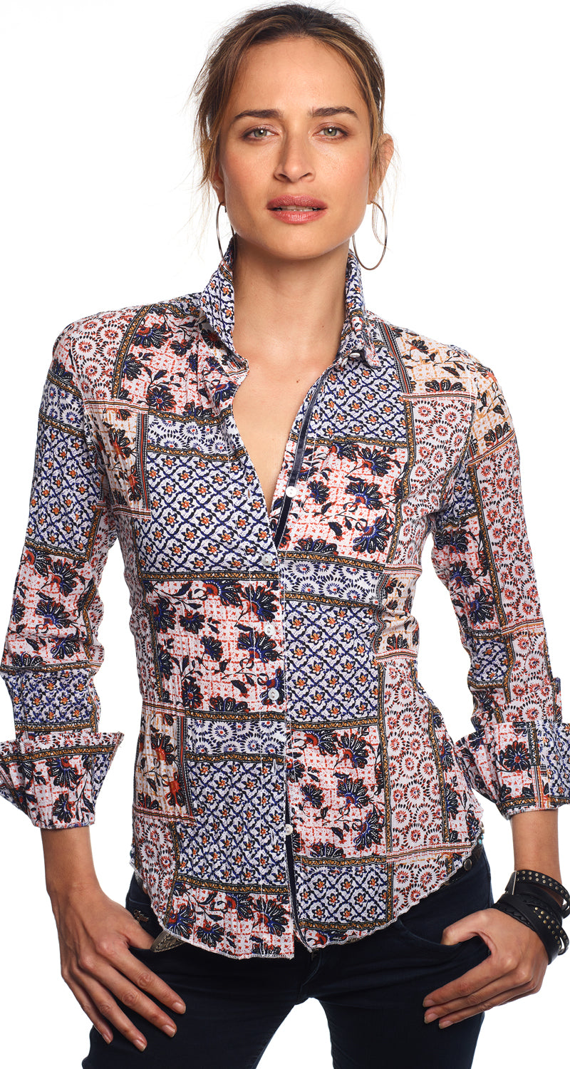 A model wears a CINO Jaipur Patchwork button-down Shirt