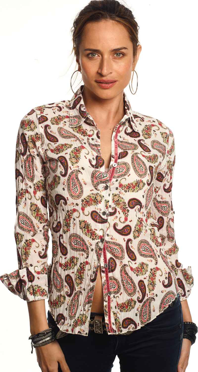 A model wears a CINO Off White Malay Paisley button-down Shirt